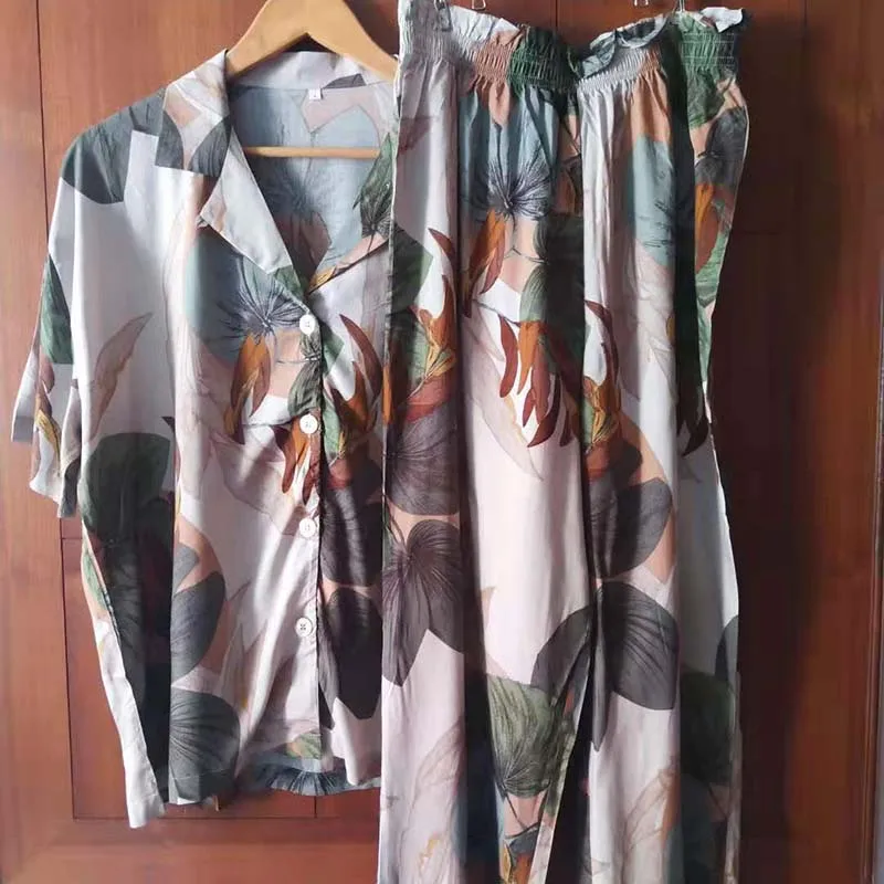 2019 Women's Short-sleeved Palm Leaf Printing Cropped Trousers Pajamas Set Leaves Lapel Casual plus Size Loose Thin Sleepwear