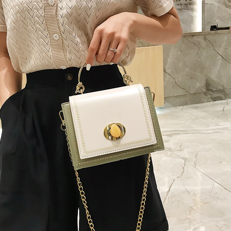 

Designer Solid Color Leather Crossbody Shoulder Bags for Women 2021 with Metal Handle Lady Travel Handbags Small Square Bag