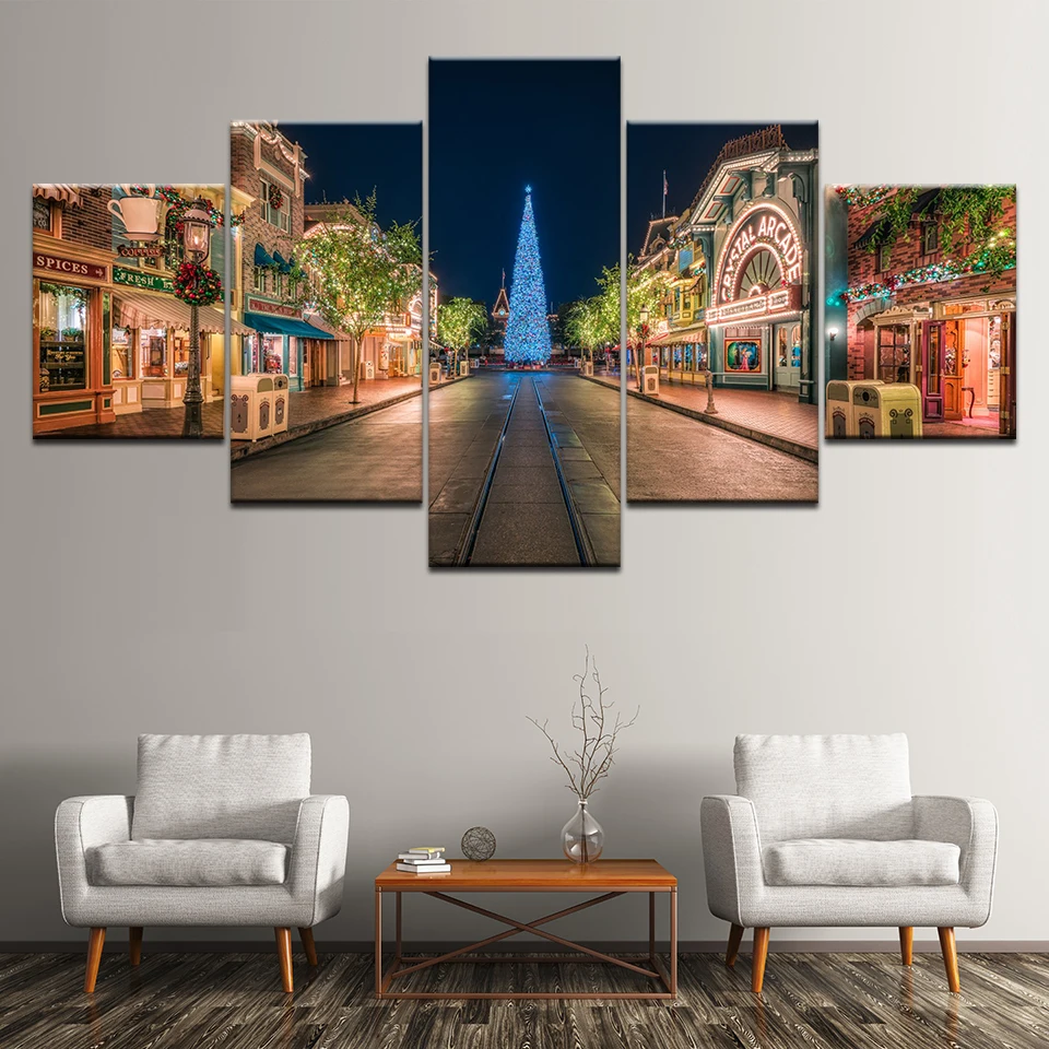 

Настенный постер HD для гостиной, художественная картина из 5 предметов, здание, улица, картины с изображением рождественской елки, Современн...