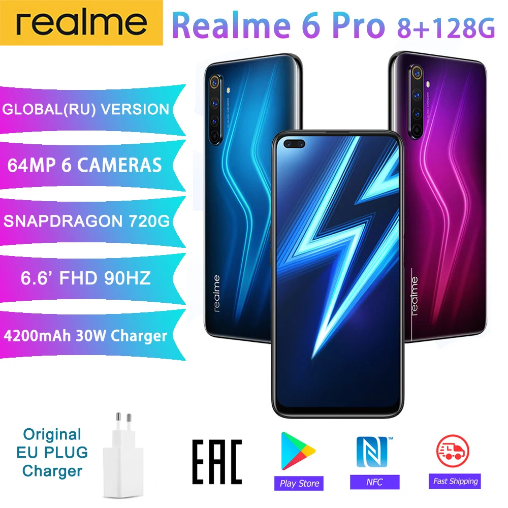 Realme 6Pro 8 ГБ ОЗУ 128 Гб ПЗУ глобальная версия NFC мобильный телефон Snapdragon 720G 30 Вт флеш