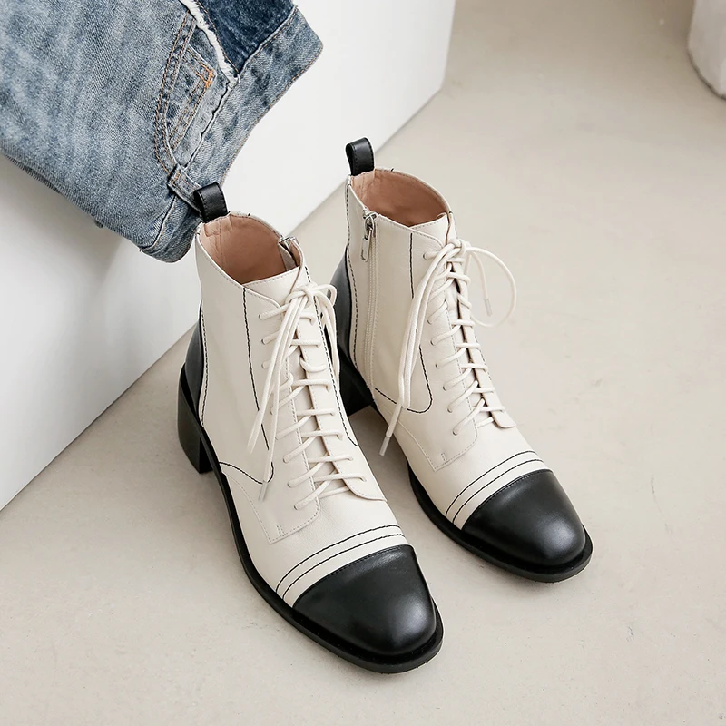 

Mixed colors cow leather Women Boots Concise Side Zipper Autumn Winter Thick High Heels Pumps Party Working Newest Shoes Woman