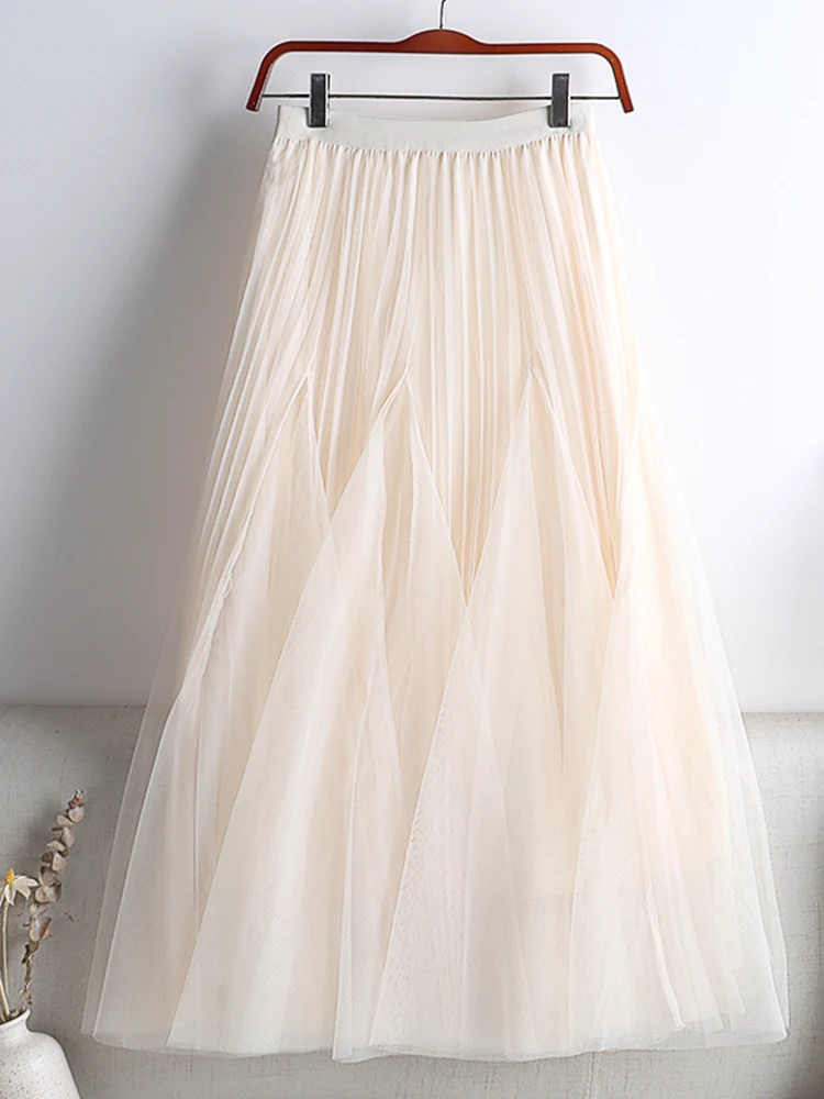 

Korean Women Tulle Skirt Fashion Mesh White A Line Ladies Pleated Skirt Summer Chic High Waist Black Party Faldas 2021