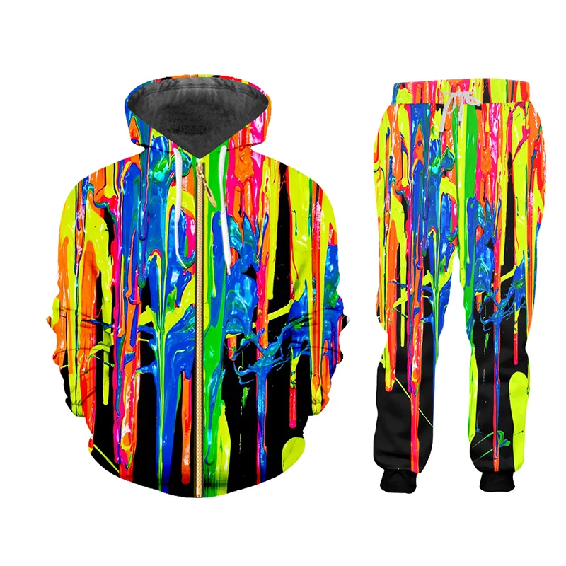 

UJWI Colorful Rainbow ZIP Hoodies Suits Men's Sweatshirt Joggers Funny Harajuku 3D Print Set Winter Unisex Tracksuit Pant jacket