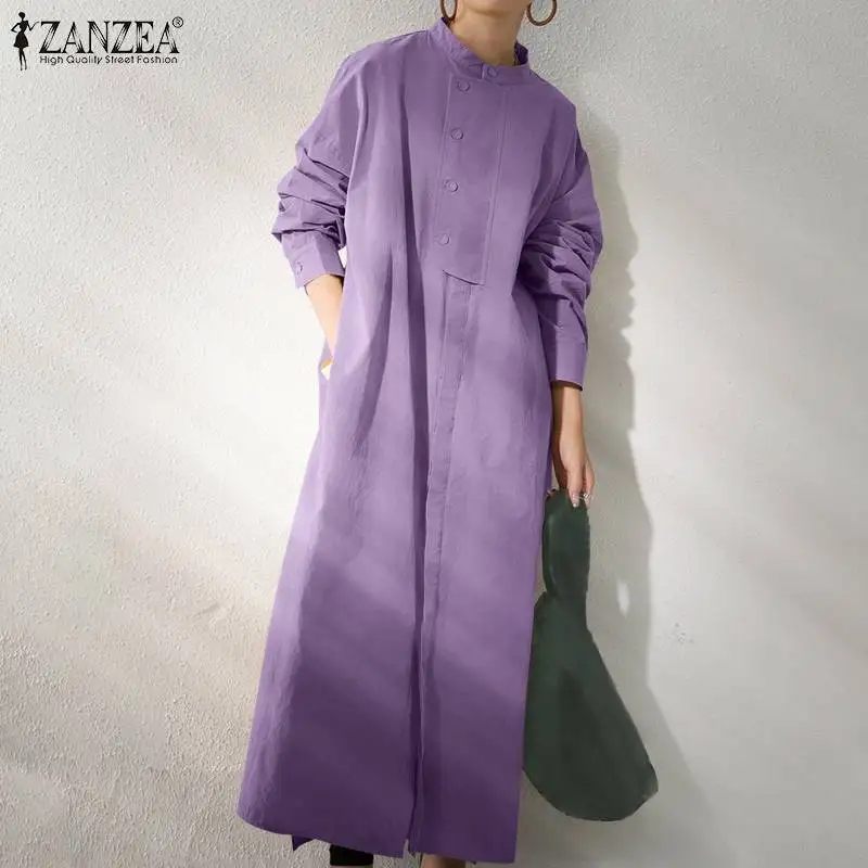 

ZANZEA Stylish High Low Hem Shirt Dress Women Casual Long Sleeve Solid Sundress Autumn O Neck Button Kaftan Oversized Retro Robe