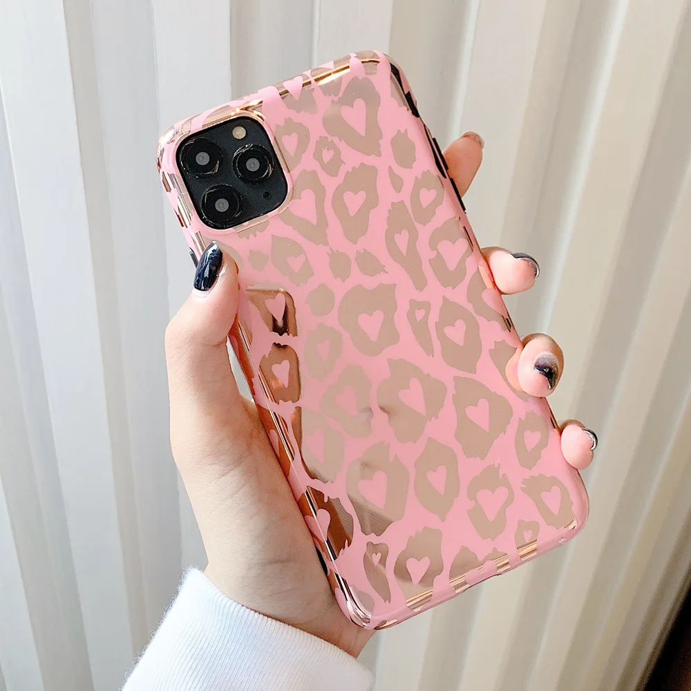 

Plating Leopard Print Love Case for iPhone 11 Pro Max XS XR X 6S 7 8 Plus Cute Women IMD Soft Glossy Protective Phone Back Cover
