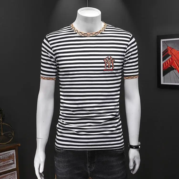

2021 summer new striped short sleeve T-shirt fashion trend letter embroidery half sleeve men Joker round neck T-shirt tide