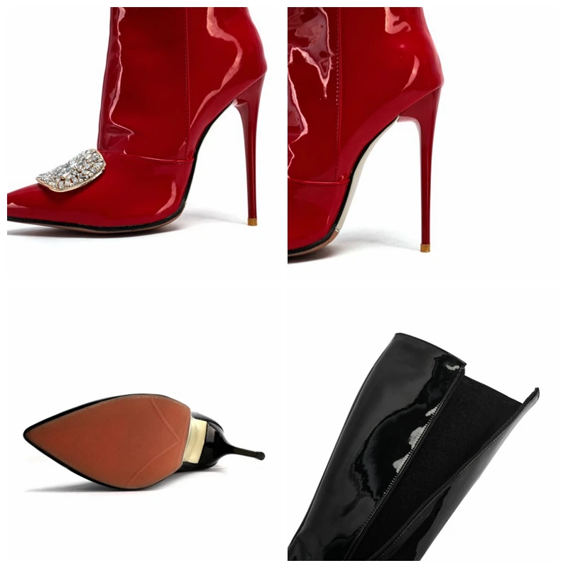 

ORCHA LISA Women Knee Boots Pointed Toe Thin Heels 12.5cm Patent Leather Slim Sexy Crystal Zip Big Size 36-47 Spring Red C2199