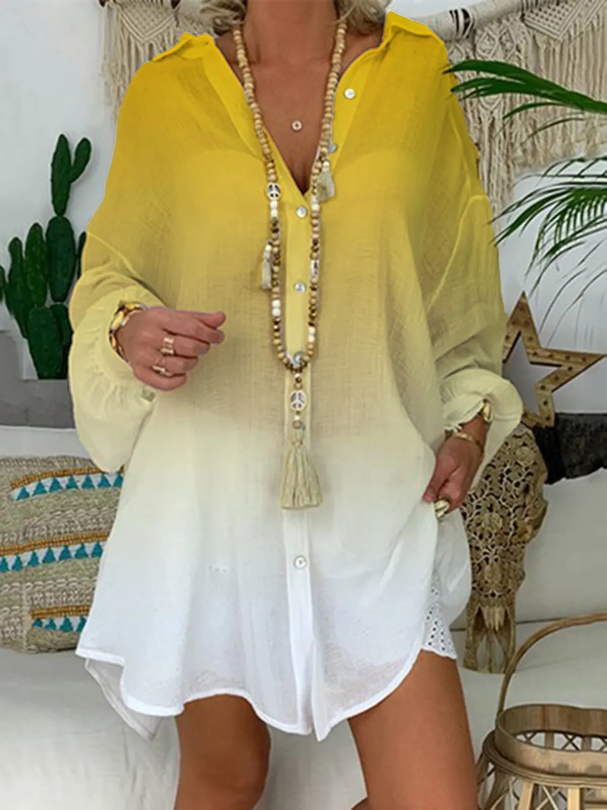 С длинным рукавом размера плюс льняная рубашка для женщин Градиент на пуговицах