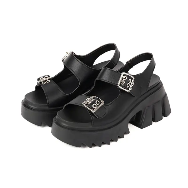 

FOREADA Women Sandals Gothic Shoes Platform PU Leather Round Toe Sandals Block High Heels Summer Buckle Strap Ladies Footwear 43