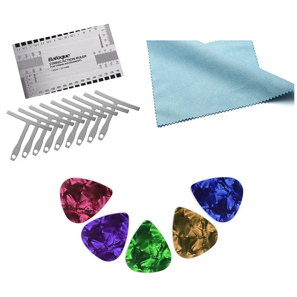 

Набор инструментов для измерения гитар и басов, набор из 9 направляющих для настройки струн, линейка, чистящая ткань, аксессуары для гитар