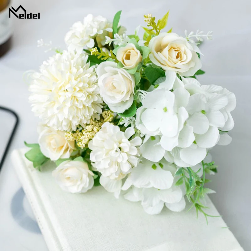 Meldel Fake Flower Bouquet 7 Heads Hydrangea Flowers Artificial Silk Blooming Rose Peony Pompon Bride Wedding Decoration | Свадьбы и