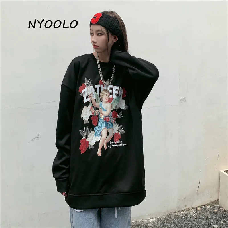 

NYOOLO Vintage Rose Flower Angel Print O-Neck Pullovers Oversized Goth Sweatshirt Women Men Winter Plus Velvet Warm Hoody Tops