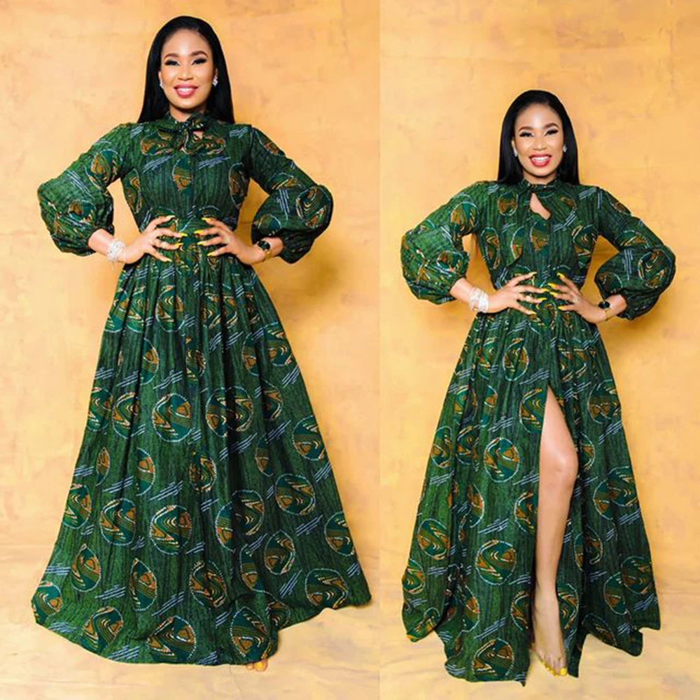 

Plus Size Women Clothes African Dresses Latest Pattern Print Lantern Sleeve Slit Maxi Vestidos Sashes For Evening Party Noble
