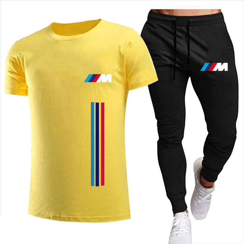 

2021New BMW M Men's Summer Leisure Sets T-Shirt+pants Two Pieces Casual Tracksuit Male Sportswear Gym Brand Clothing Sweat Suit
