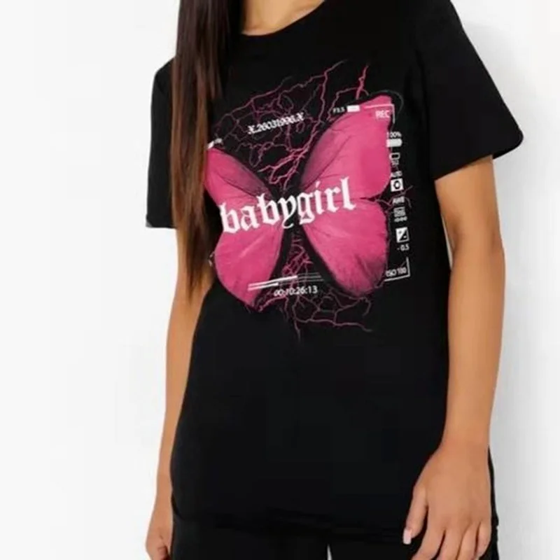 

Футболка женская летняя с круглым вырезом и коротким рукавом, повседневный укороченный топ с графическим принтом бабочек, Y2k