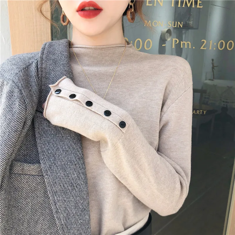 

2020 sweaters for women fashion Solid Knitted Female Cotton Soft Elastic Pullovers sweaters Button Full Sleeve Turtleneck Girls