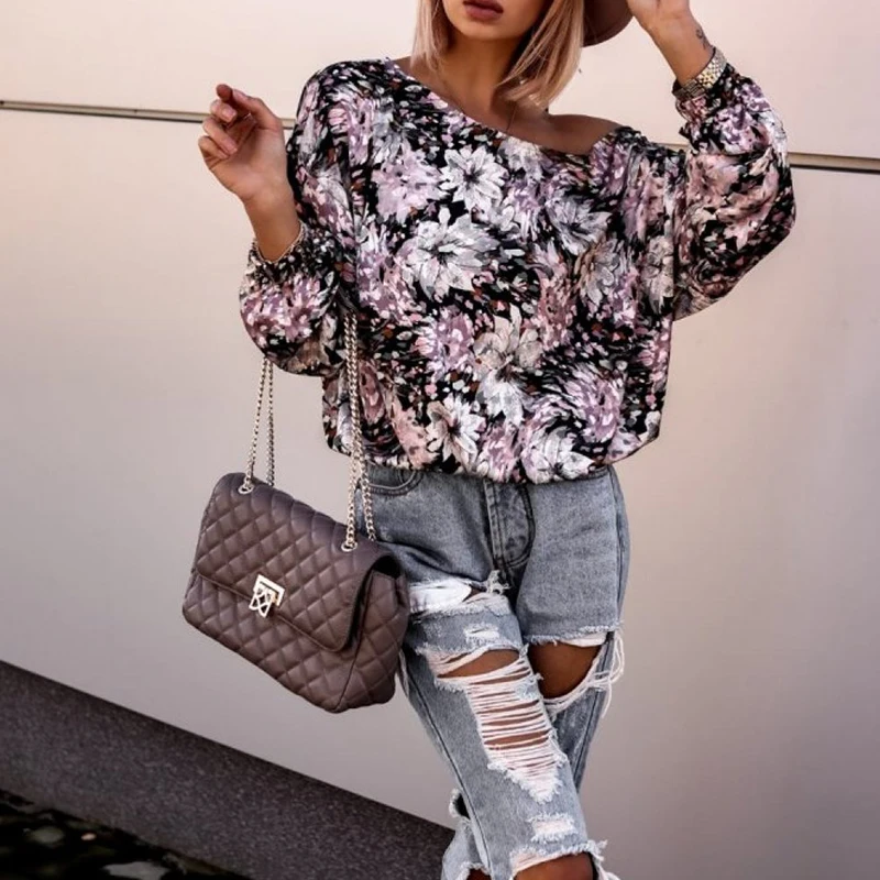 

Fashion Pattern Printed Pullover Tops Spring Autumn Long Sleeved Casual Tops Streetwear Elegant Off Shoulder Loose Women Blouse