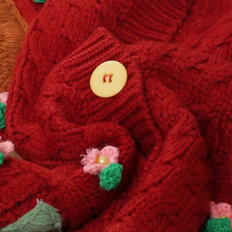 

New Autumn Winter Women's Cardigan Korean Style Flower The Retro Solid Color O-Neck Knitted Cardigan Loose Short Twist Sweater