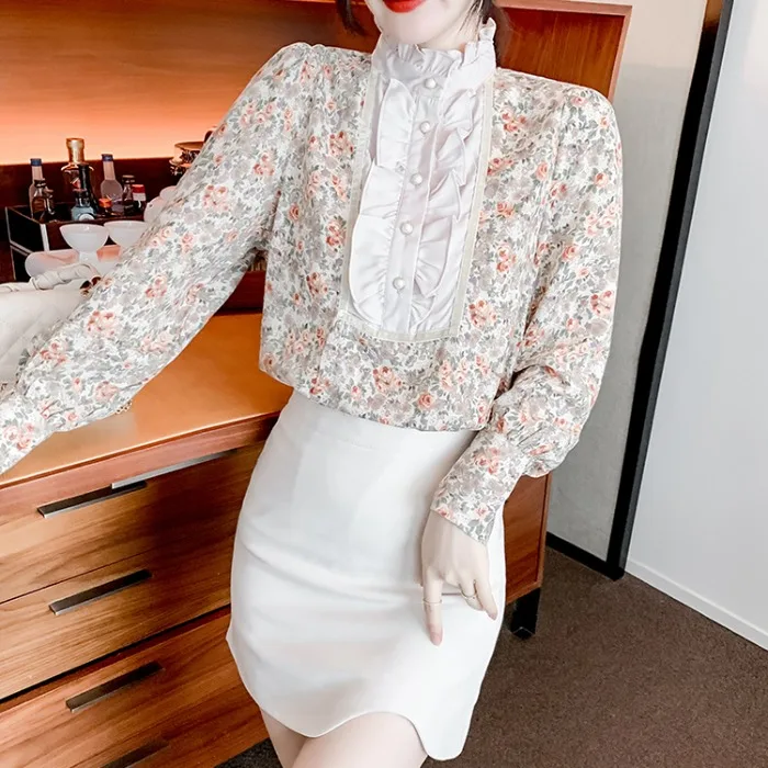 

Femininas Ruffle Palace French Victorian Blouse Shirts Women Tops Long Sleeve High Neck Vintage Lady Elegant Harajuku Shirt