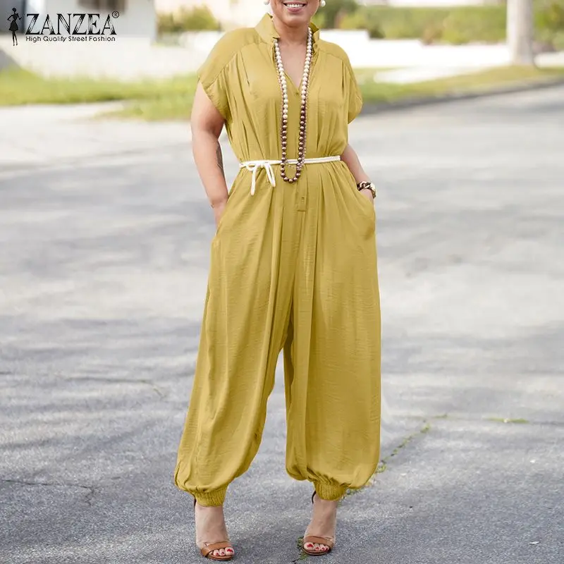 

ZANZEA Work Wide Leg Playsuits Fashion Womens Rompers 2021 Summer Loose Playsuits Casual Solid Short Sleeve Overalls
