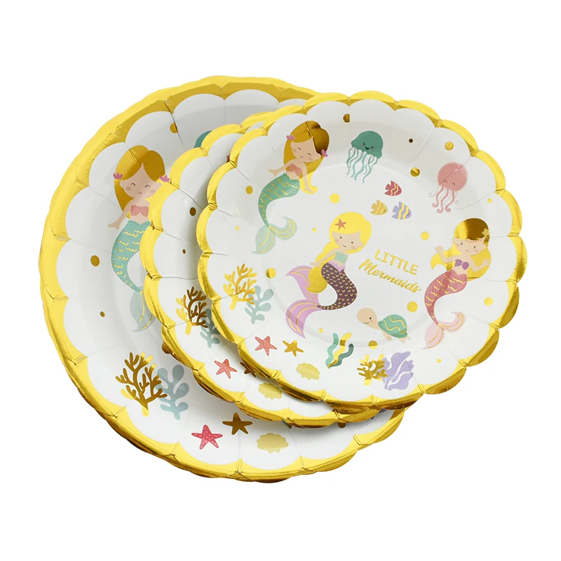 Набор одноразовой посуды для вечеринки русалка золотого цвета бумажные