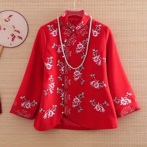 Women Tops Autumn Embroidered Wool Vintage Short Coat Tops Mandarin Collar 3/4 Sleeve Lady Casual Jacket Female S-XXL