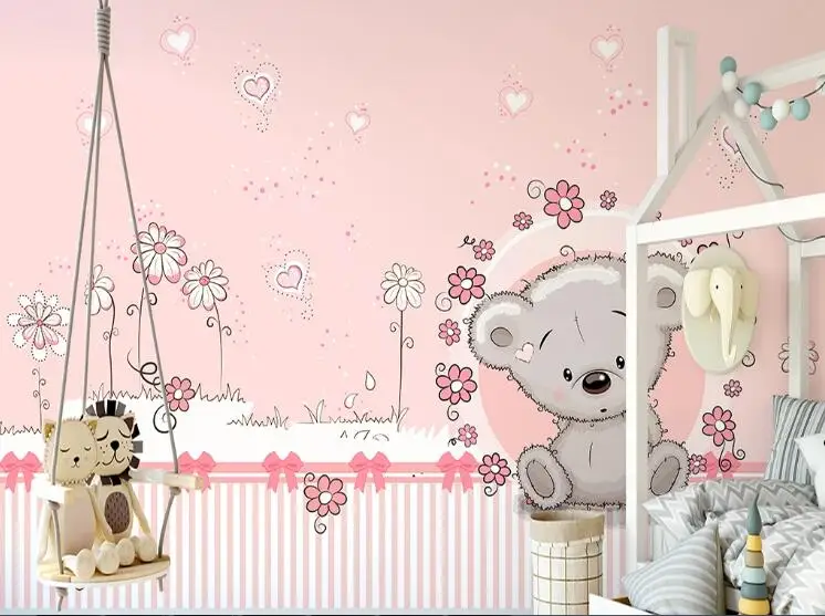 Обои для детской комнаты, 3d, ручная роспись, полностью дом, на заказ, розовый медведь, обои для детской комнаты, настенные 3d обои