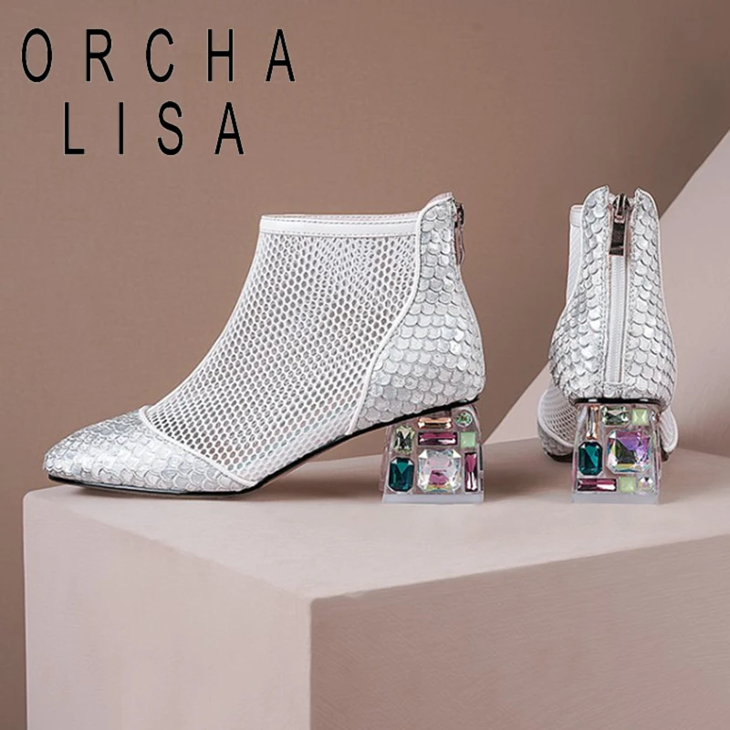 

ORCHALISA 2021 Women Rhinestone Designer High Heel Boots Pointed Toe Net Mesh Zip Buckle Short Breathable Summer Fashion A4043