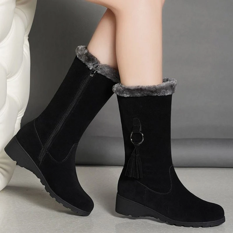 

Women Winter New Mature Warm Zipper Fashion Motorcycle Boots Low Heels Gladiator Plush Platform Flat Cotton Boots Botas Mujer