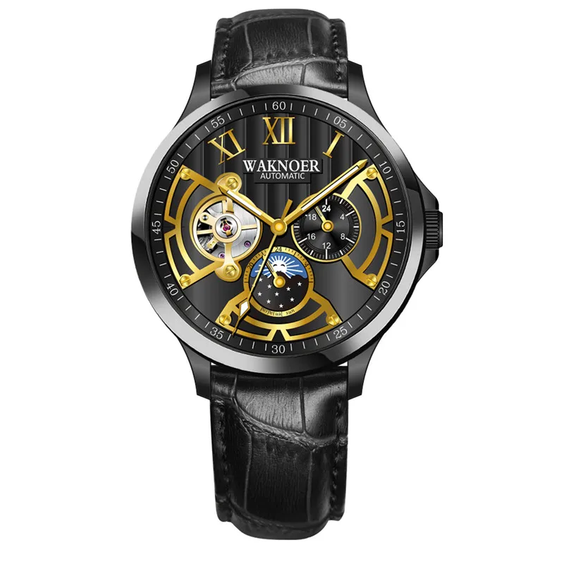 Leather A-A-J Мужские Роскошные Механические наручные часы Waknoer из металла и стали, автоматические механические часы, деловые мужские Montre Relogio Masculino Saati - Цвет: Leather A-A-J