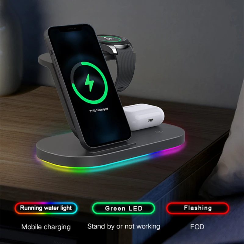 rgb fast wireless charger qi 3 in 1 wireless charging station compatible with apple airpods iphone 12 samsung watch galaxy s20 free global shipping
