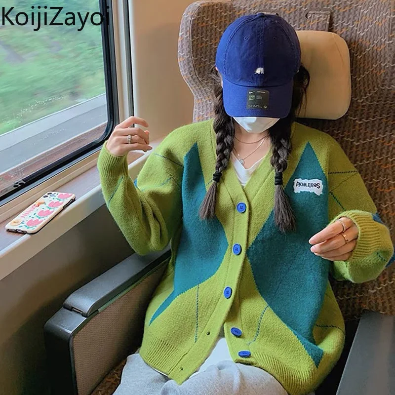 

Koijizayoi Knit Women Fall Winter Cardigan Long Sleeves V Neck Fashion Lady Casual Loose Outwear Kardigans Plaid Retro Cardigans