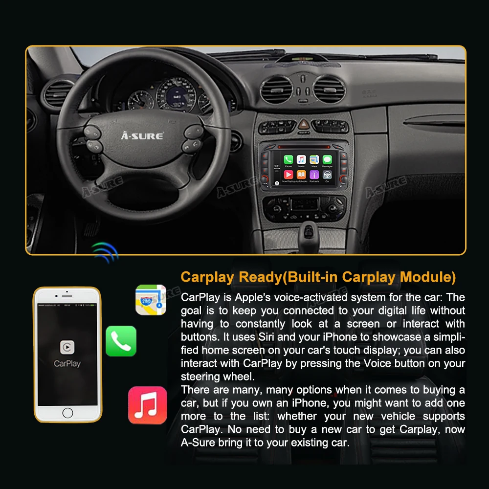 

A-Sure 7 Inch 2 Din CarPlay Android 10 Auto Radio GPS DVD Player Navigation For Mercedes Benz C/G W203 CLK G500 Viano Vito W463