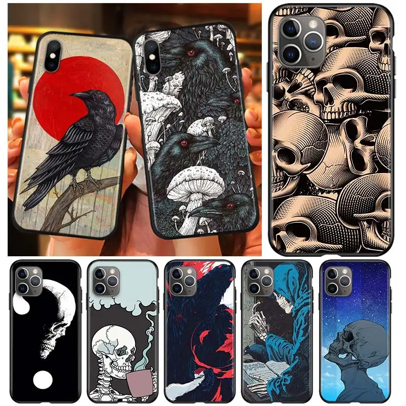 

Skull Crow Flower Black Soft Cover For Apple iPhone 13 12 11 SE XS XR X 7 8 6 5 S mini Plus Pro MAX 2020 Phone Case