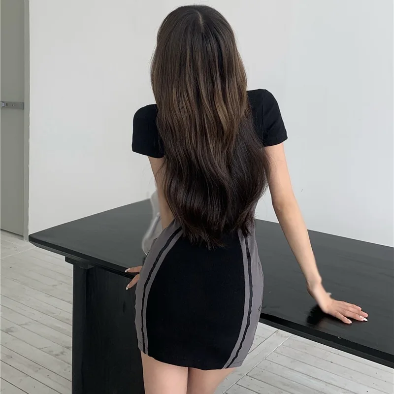 

Femme vestido de mujer Short Sleeve Square Neck Summer Bodycon Dress Women Elegant Mini Retro Contrast Color Slim Vestidos