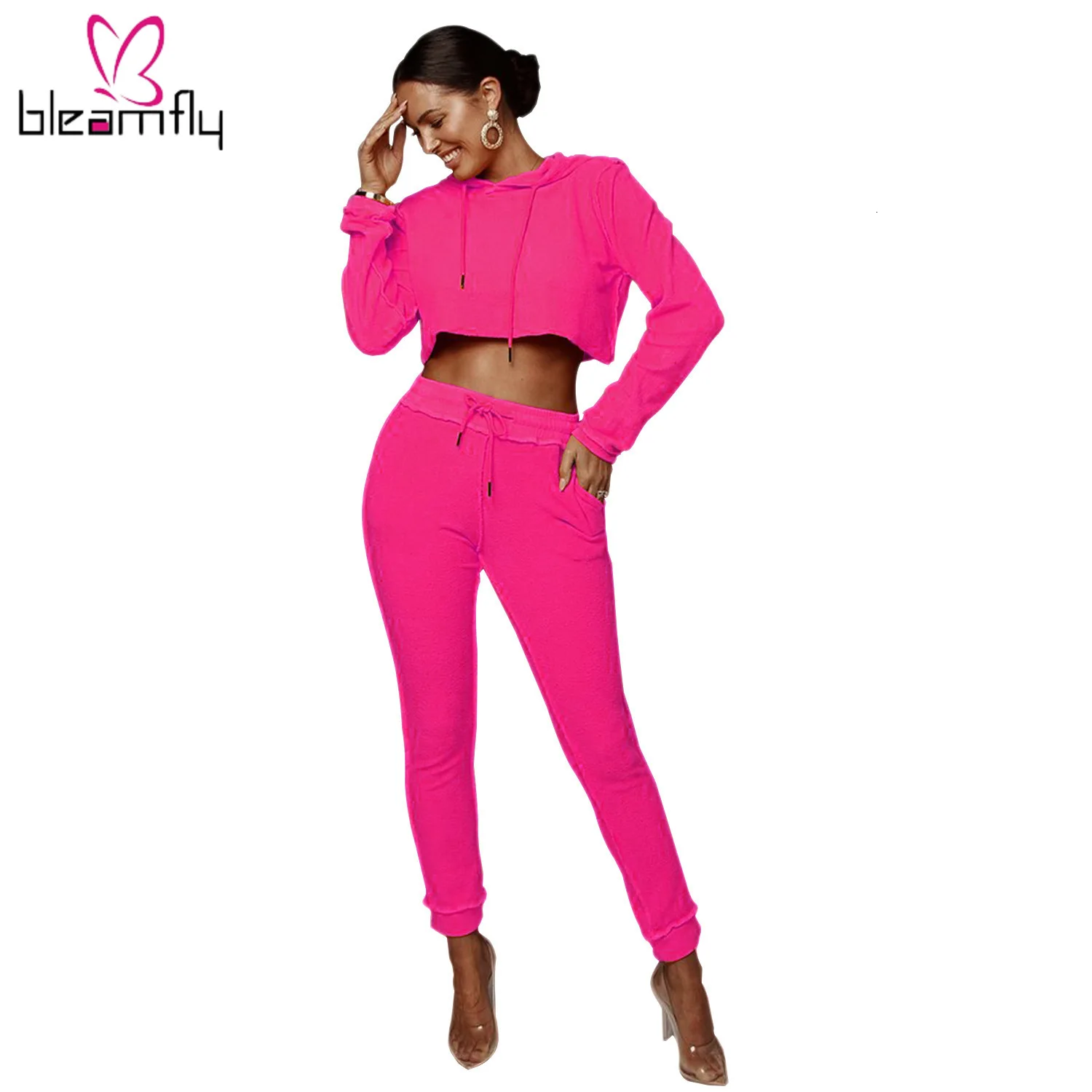 Осенняя Женская однотонная толстовка с капюшоном и длинным рукавом костюм со