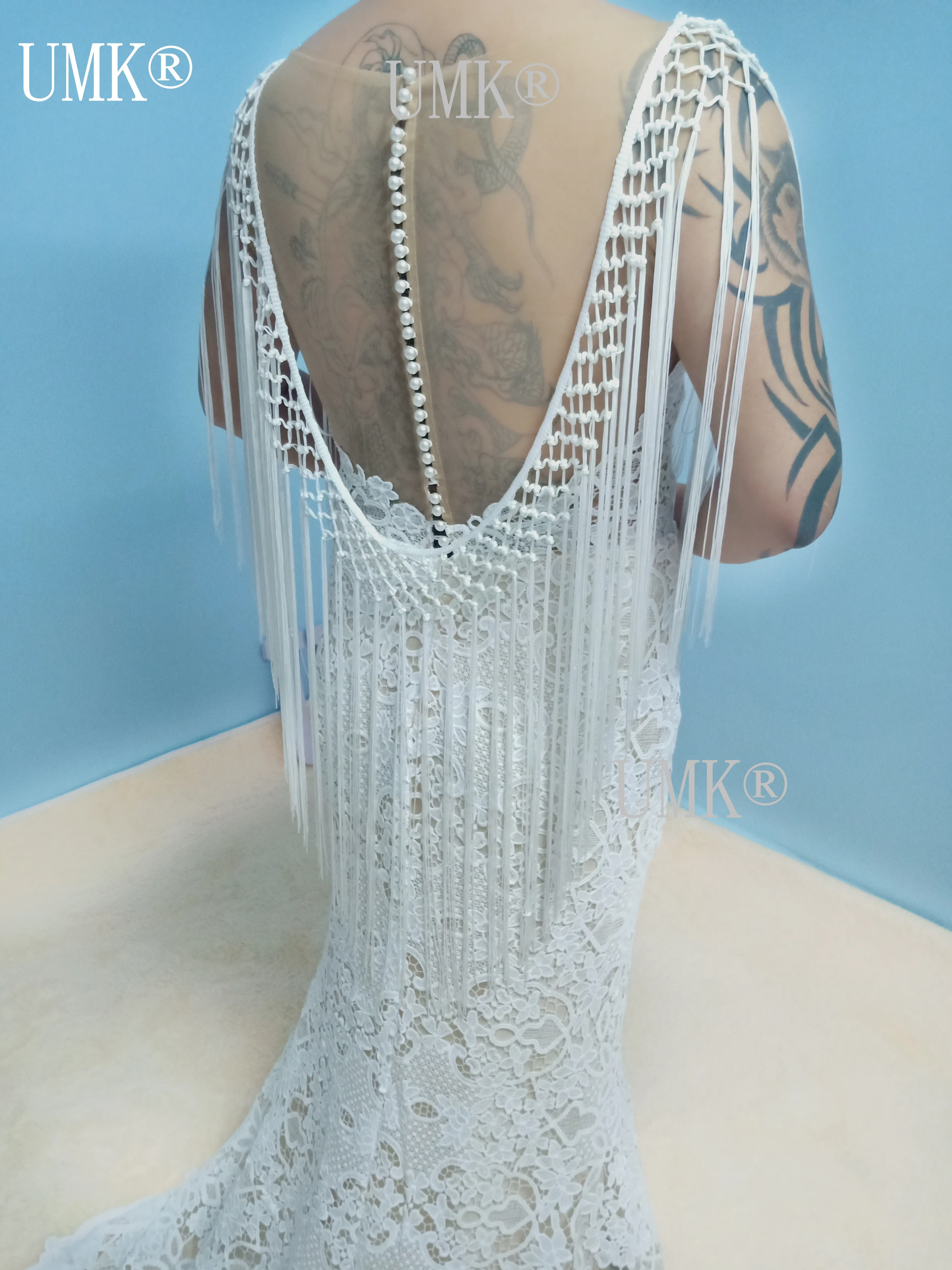 UMK сексуальное кружевное свадебное платье в стиле бохо с юбкой годе бахромой и