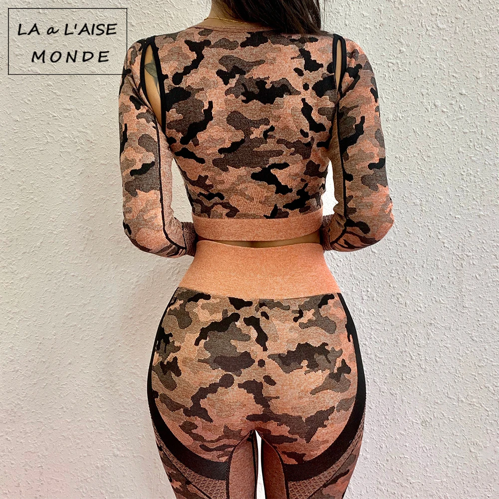 Женский костюм для йоги из 2 предметов бесшовный с длинным рукавом