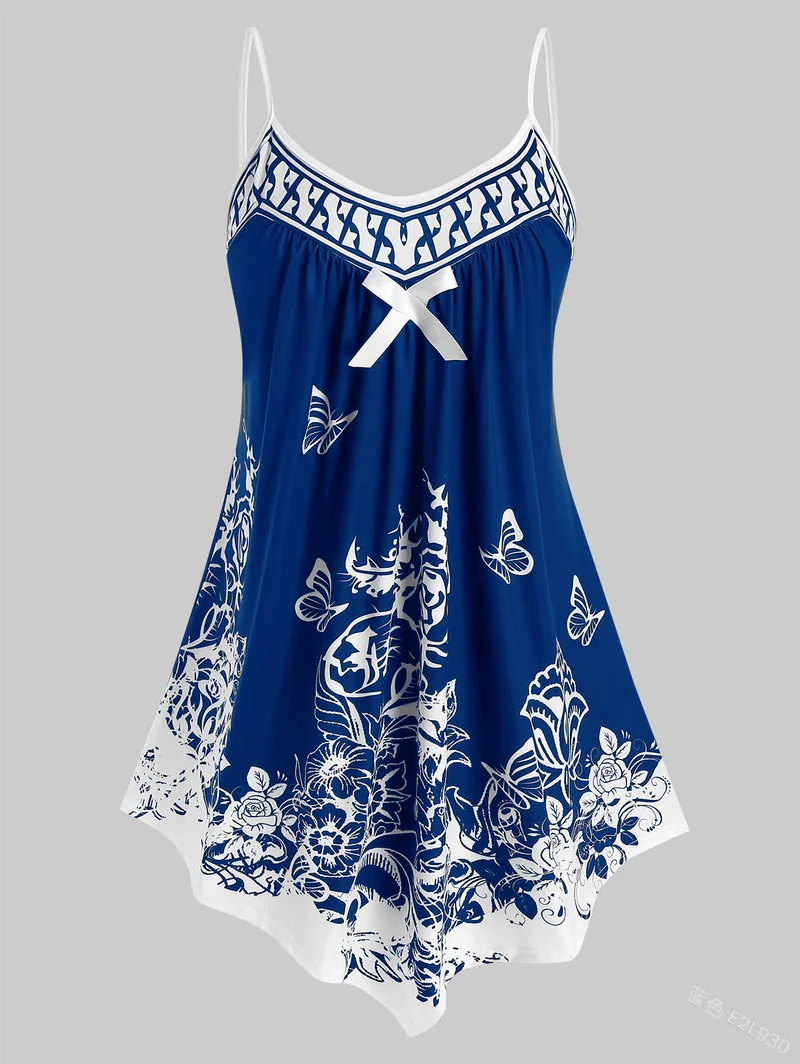 

Tank Top Women Sleelvess Shirt Summer Casual LadiesBowknot Butterfly Print V Neck Asymmetric Hem Tank Tops Vest 2021