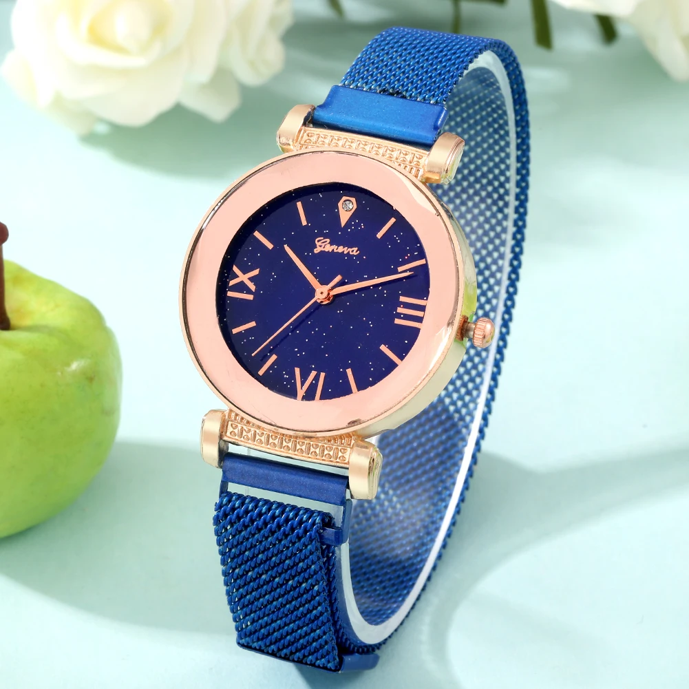 Элегантные Синие Женские часы со звездным небом цифровые с сетчатыми ремешками