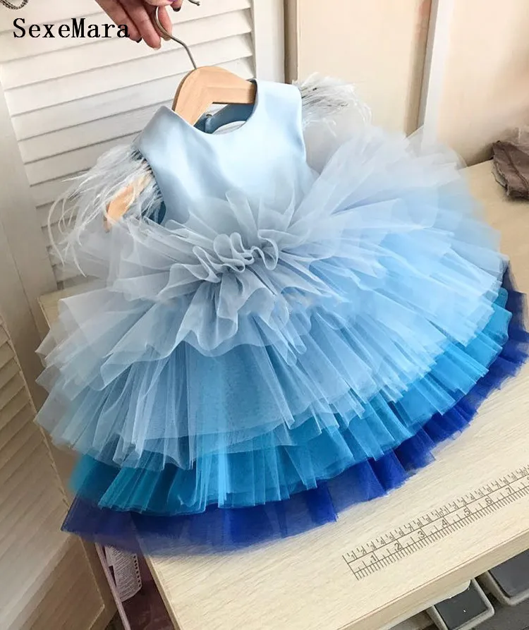 

Sky Blue Baby Girls Dress Feather Princess Gown Infant 1 Year Birthday Dress Christmas Party Dress Newborn Girl Clothes