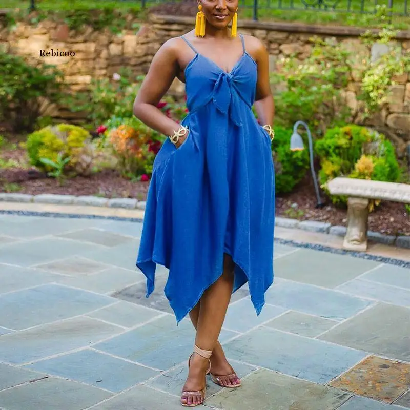 

Summer Women's Spaghetti Belt Tied Up Bow Knot Front V-Neck Dress Elegant Pocket Design Work Dress