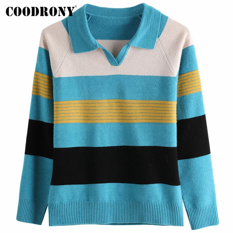 

COODRONY Brand Elegant Streetwear Fashion Knitted Soft Jumpers Female Spring Autumn Striped Casual Women's Slim Sweaters W1355