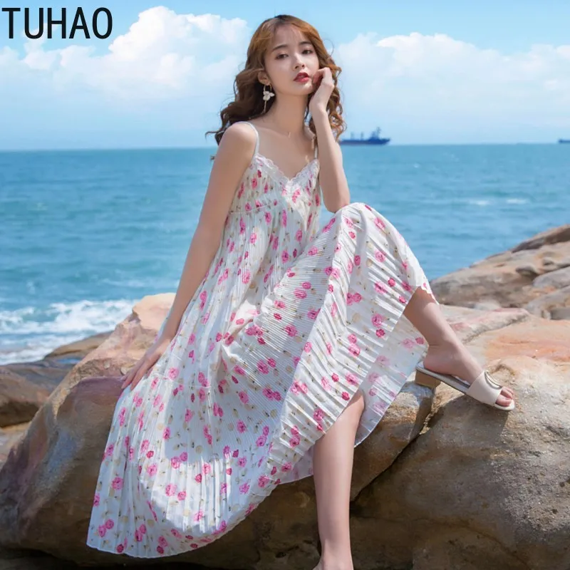 

TUHAO Woman Bohe Style Dresses Bohemian Style 2020 Summer Flower Printed Woman Chiffon Long Dress Vestidos Clothing WM18