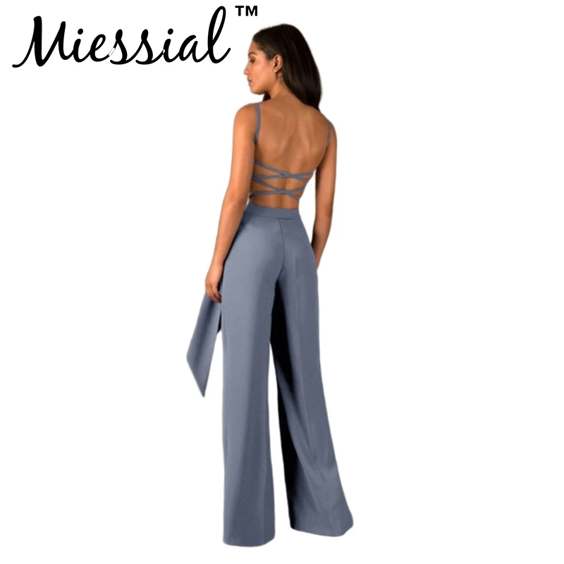 Miessial Solid backless sexy jumpsuit Women elegant Lace up office lady Autumn winter wide leg party club 2019 |