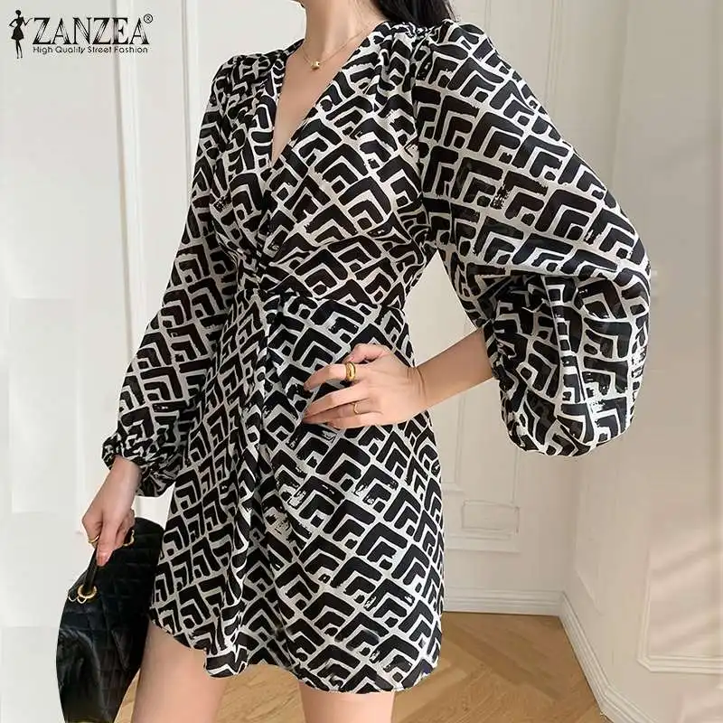 

Элегантный сексуальный сарафан ZANZEA с геометрическим принтом, женское повседневное мини-платье с V-образным вырезом и пышными рукавами, весе...