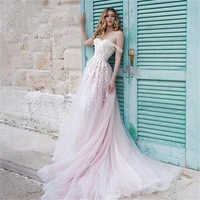 sevintage pink tulle lace prom dresses corset back women party dress off the shoulder plus size fromal occasioin wedding gowns