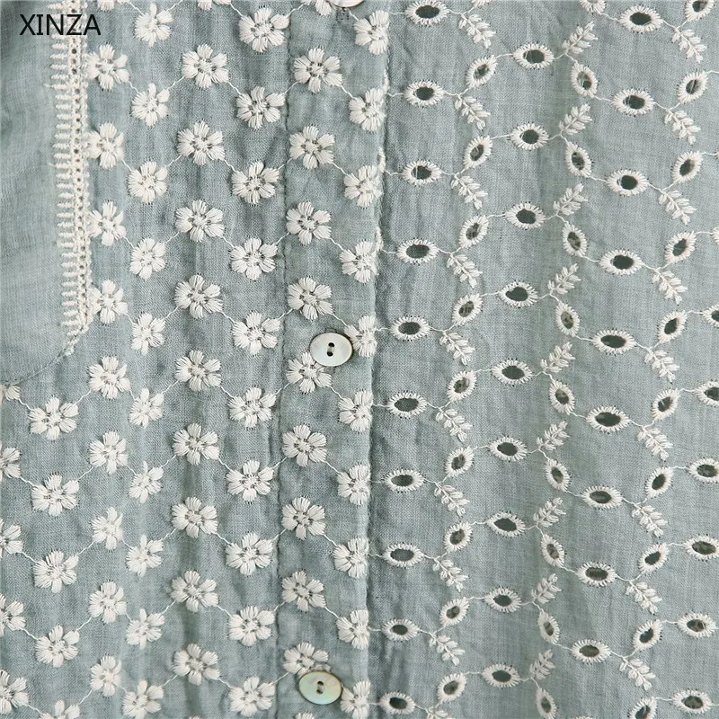 

Za 2021 Women Long Embroidery Shirt Summer Vintage Openwork Asymmetric Large Size Shirts Fashion Patchwork Woman Embroidered Top