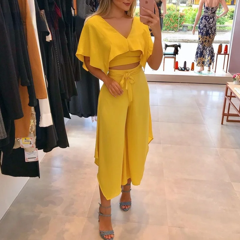 

Ruffles Casual Pants Set Women 2021 summer new Elegant V-Neck Trim Crop Top Plain Vacation Set