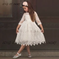 lace half sleeve white flower girl dresses for wedding bow knot knee length little girls a line party skirt de mariage enfant